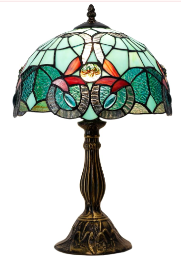 WERFACTORY Tiffany Table Lamp Stained Glass Style Green Blue Floral Desk Reading Light